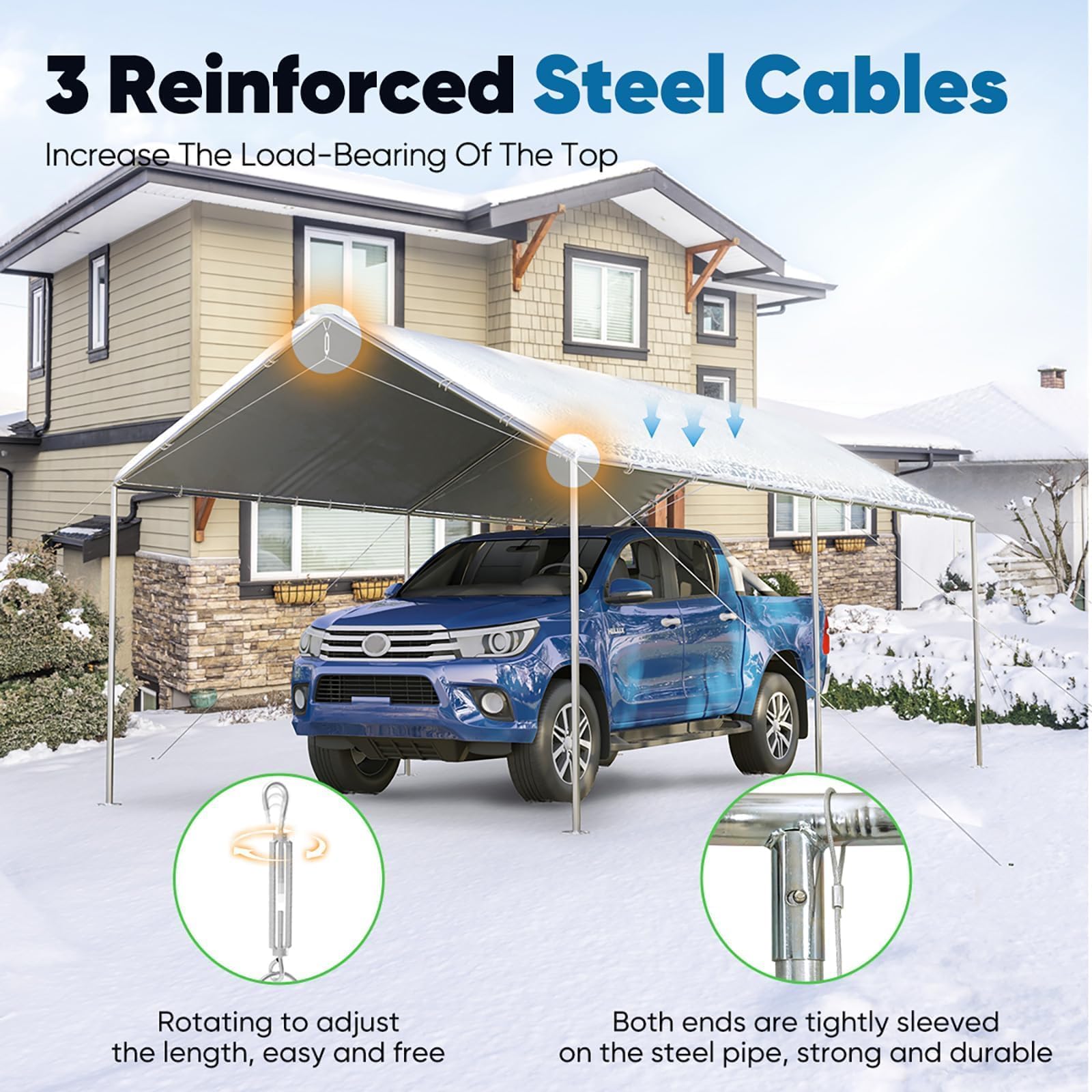 Quictent 10'x20' Galvanized Carport with Steel Cables - White