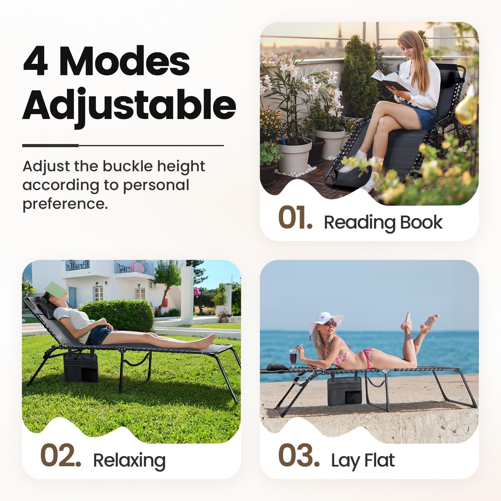 KING BIRD XL 5-Position Adjustable Chaise Lounge Chair - Black