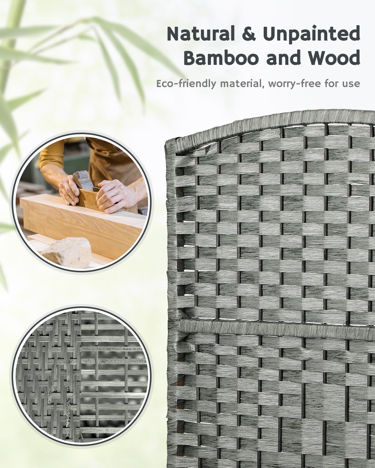 Close-up of the grey bamboo weaving on the divider, highlighting eco-friendly materials, fine craftsmanship, and a sustainable, modern finish.