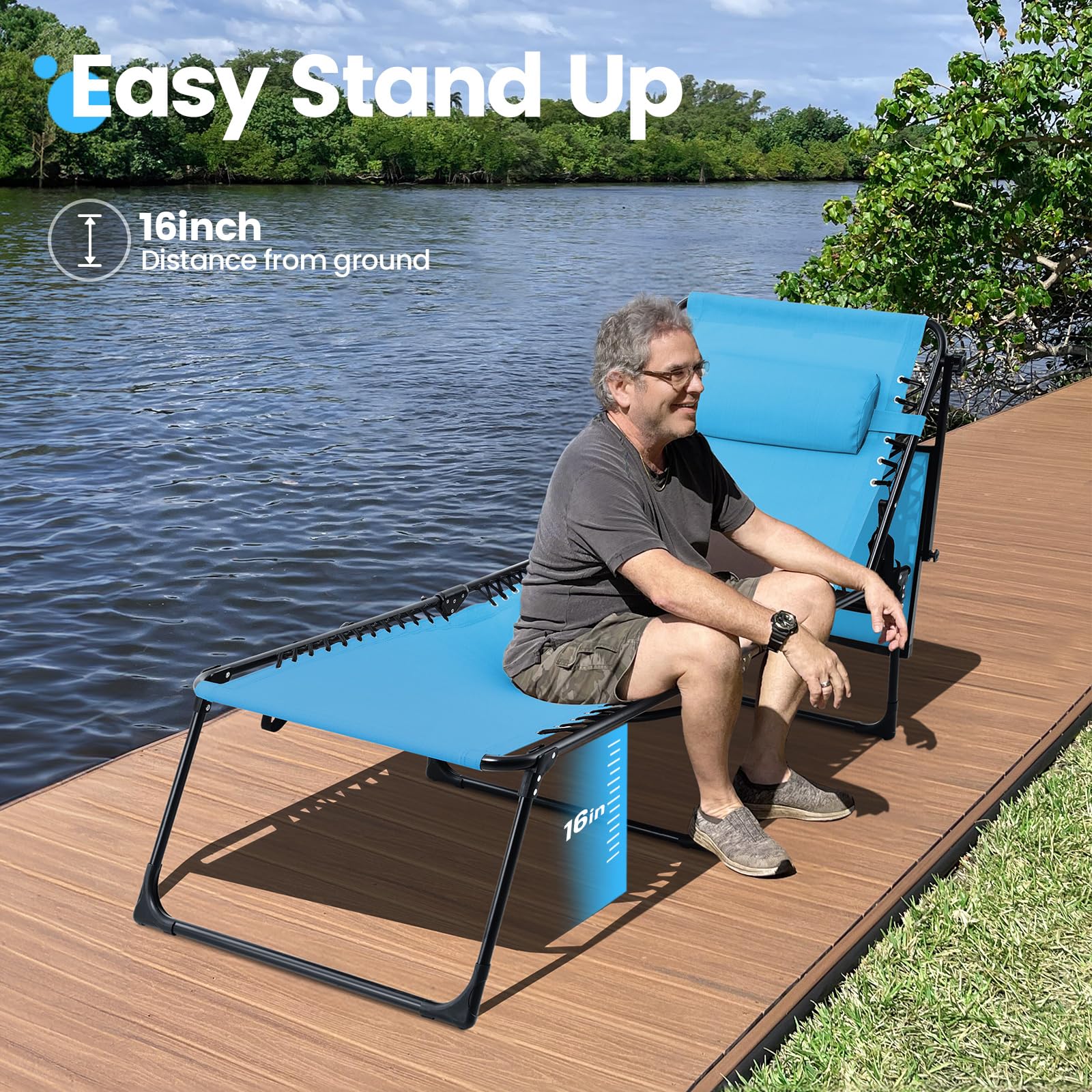 KING BIRD Beach Chaise with Sun Shade (350LBS) - Blue