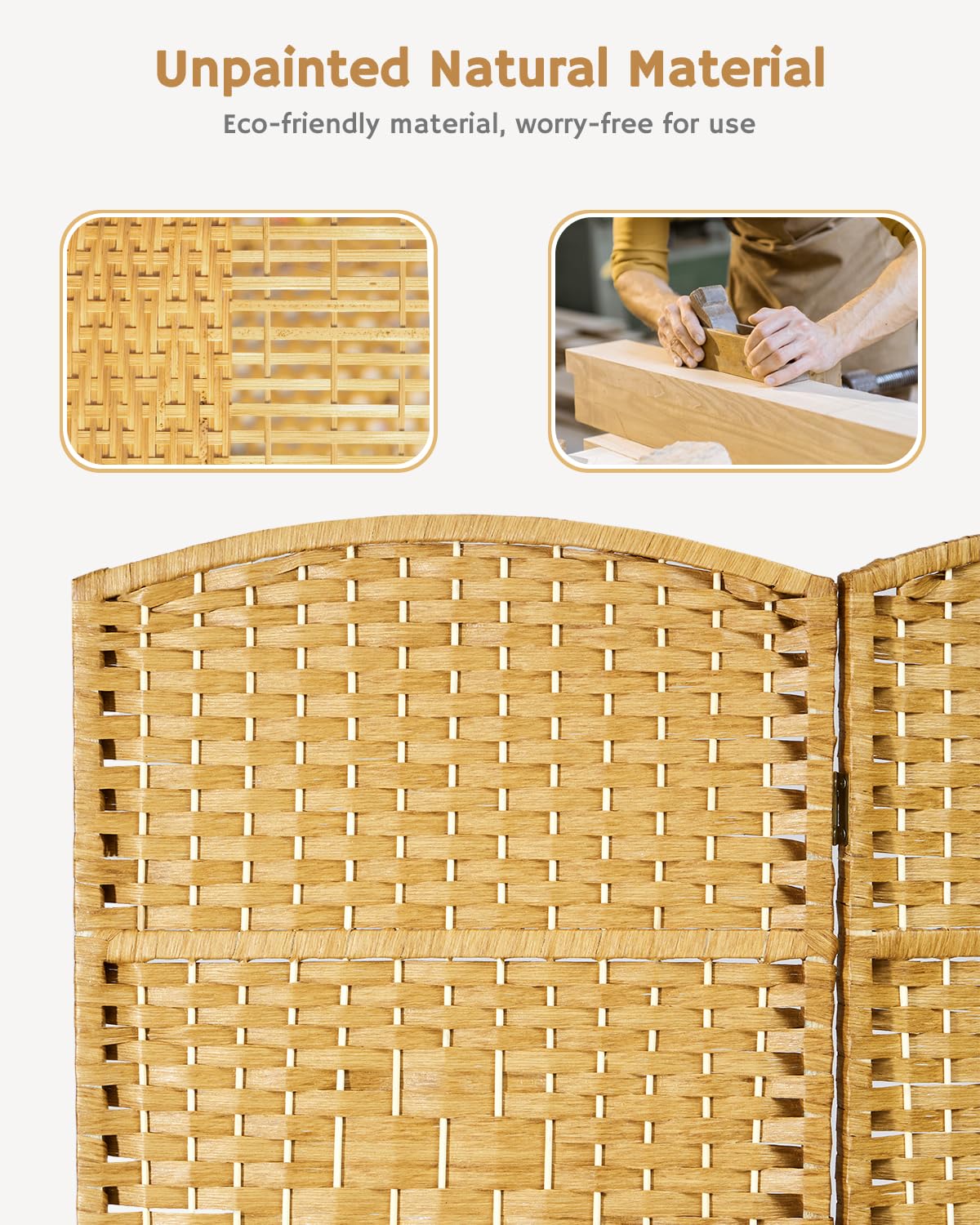 Close-up of the yellow bamboo weaving texture, with insets showing the eco-friendly, unpainted craftsmanship, accompanied by the text 'Unpainted Natural Material.'