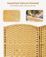 Close-up of the yellow bamboo weaving texture, with insets showing the eco-friendly, unpainted craftsmanship, accompanied by the text 'Unpainted Natural Material.'