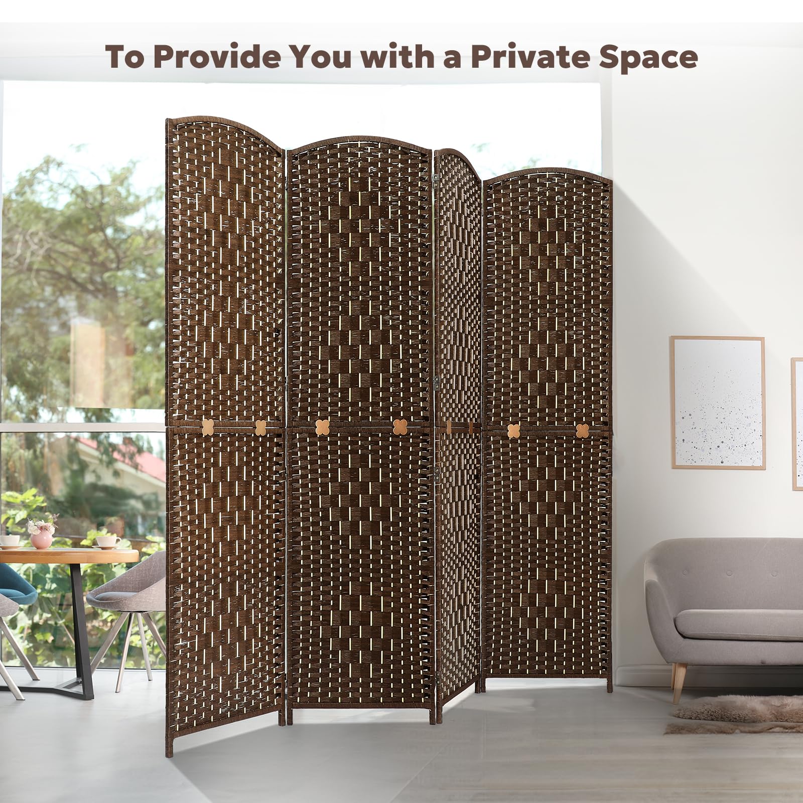 Brown 4-panel room divider in a bright living room, accompanied by the text 'To Provide You with a Private Space,' ideal for creating separate areas in open spaces.