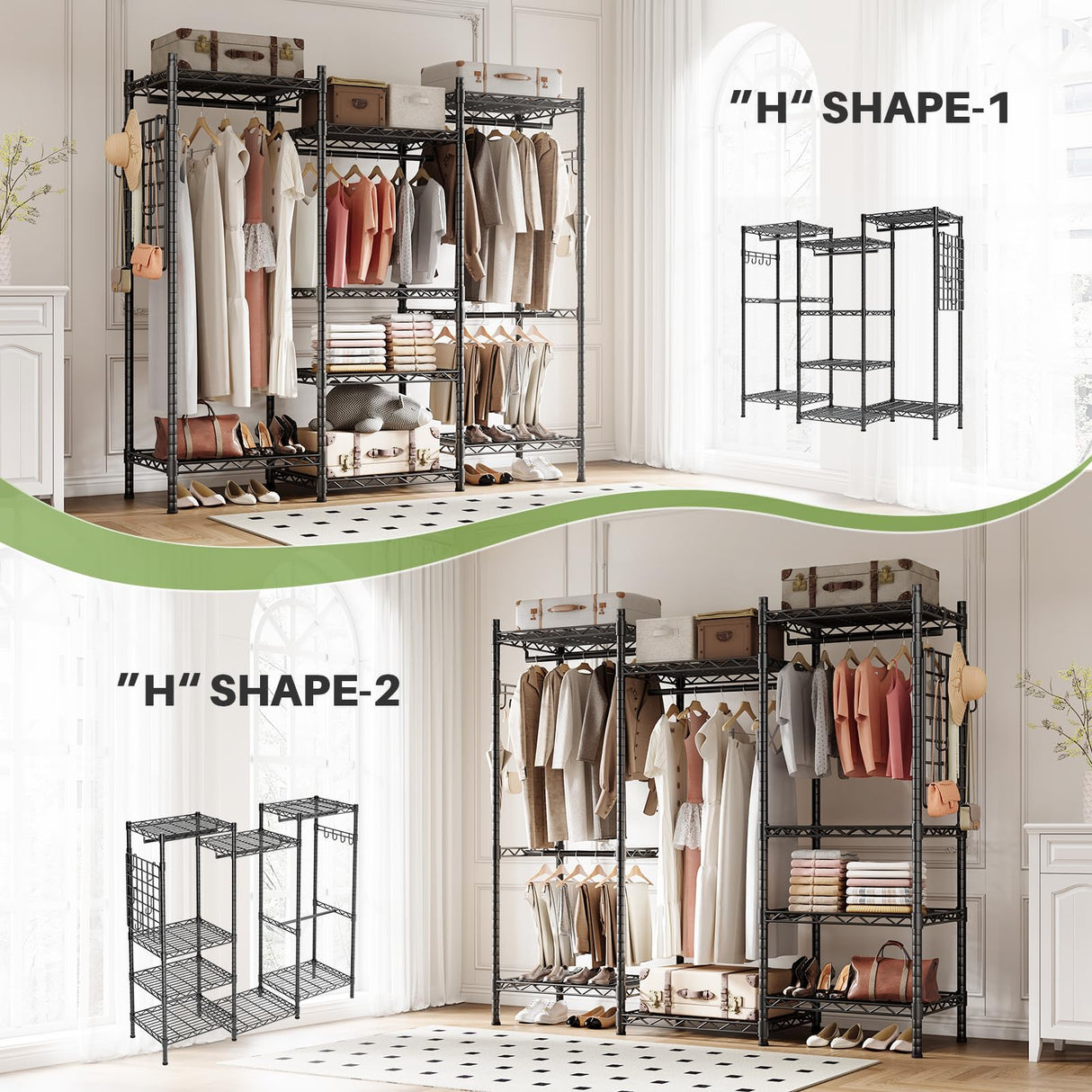 Multiple configurations are shown, including "H-shape" and "corner design," maximizing storage efficiency for different room layouts.