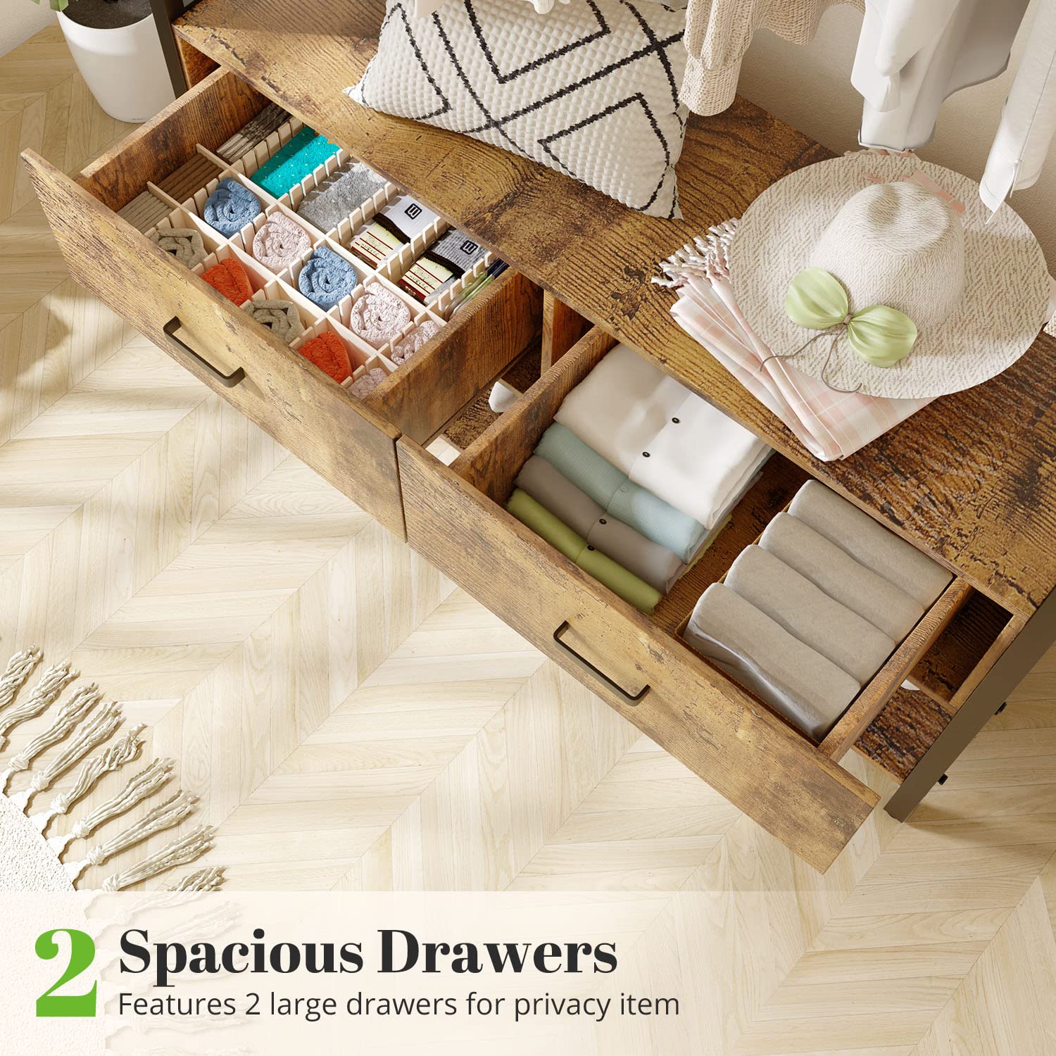 Close-up of the two spacious drawers, designed to neatly store smaller or private items like socks, ties, and accessories.