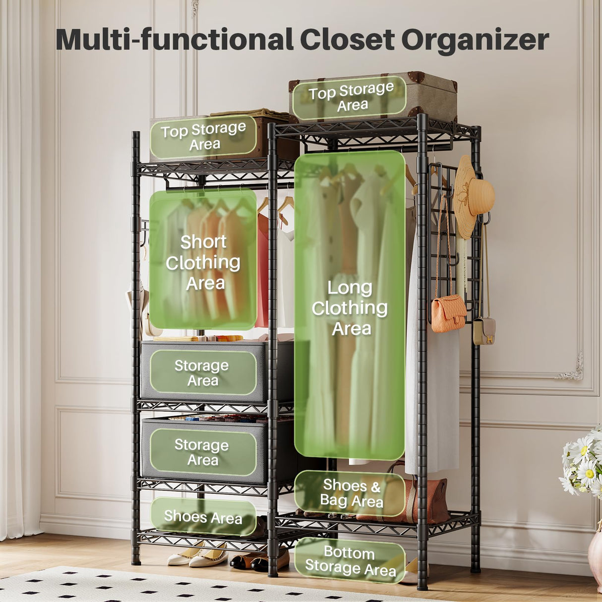 Multi-functional closet organizer design, featuring storage areas for long clothes, short clothes, shoes, and accessories, suitable for various spaces.