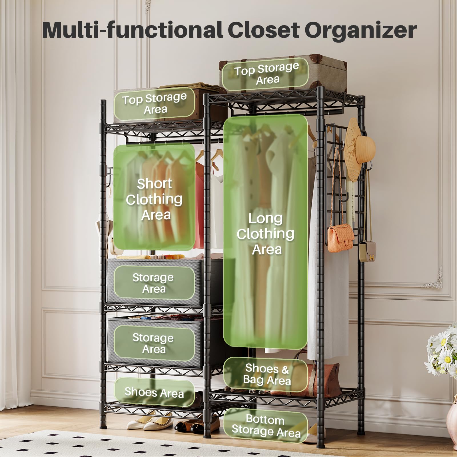 Multi-functional closet organizer design, featuring storage areas for long clothes, short clothes, shoes, and accessories, suitable for various spaces.