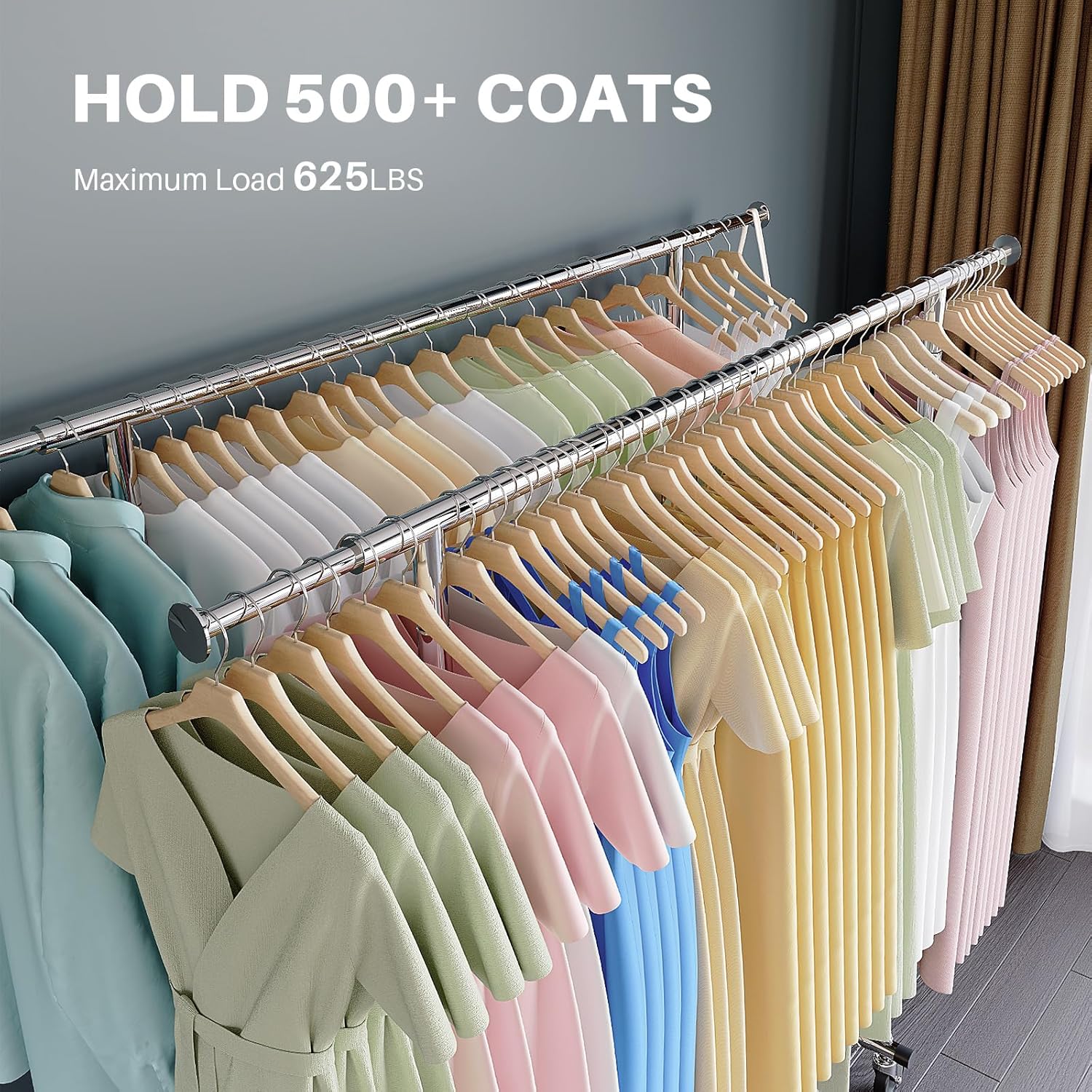 Close-up of the rack loaded with over 500 coats, showcasing its sturdy steel construction and high weight capacity of 625lbs.