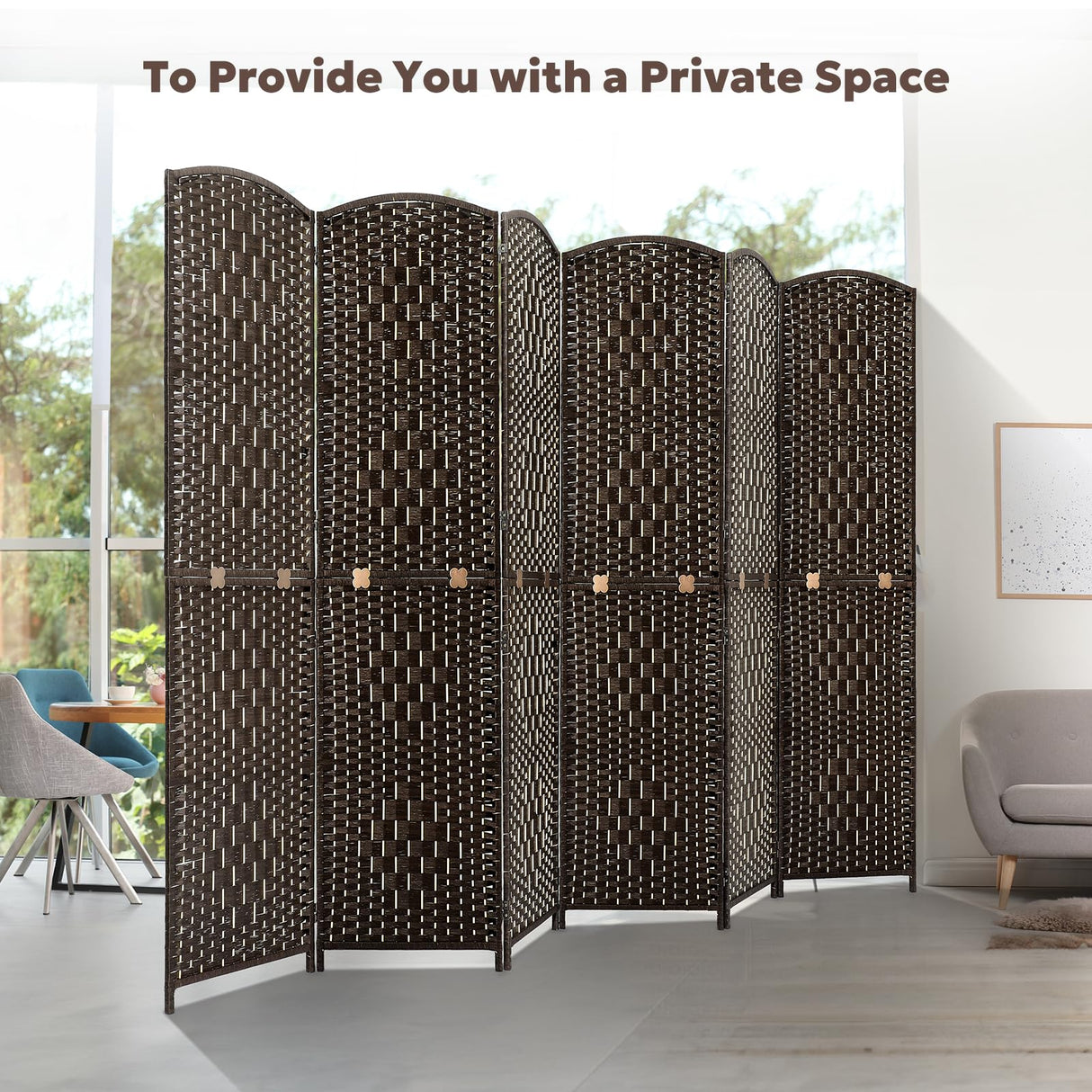 Foldable 6-panel espresso room divider made of eco-friendly bamboo and wood, shown collapsed and compact for easy storage with the text 'It's space-saving and flexible.'