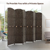 Foldable 6-panel espresso room divider made of eco-friendly bamboo and wood, shown collapsed and compact for easy storage with the text 'It's space-saving and flexible.'