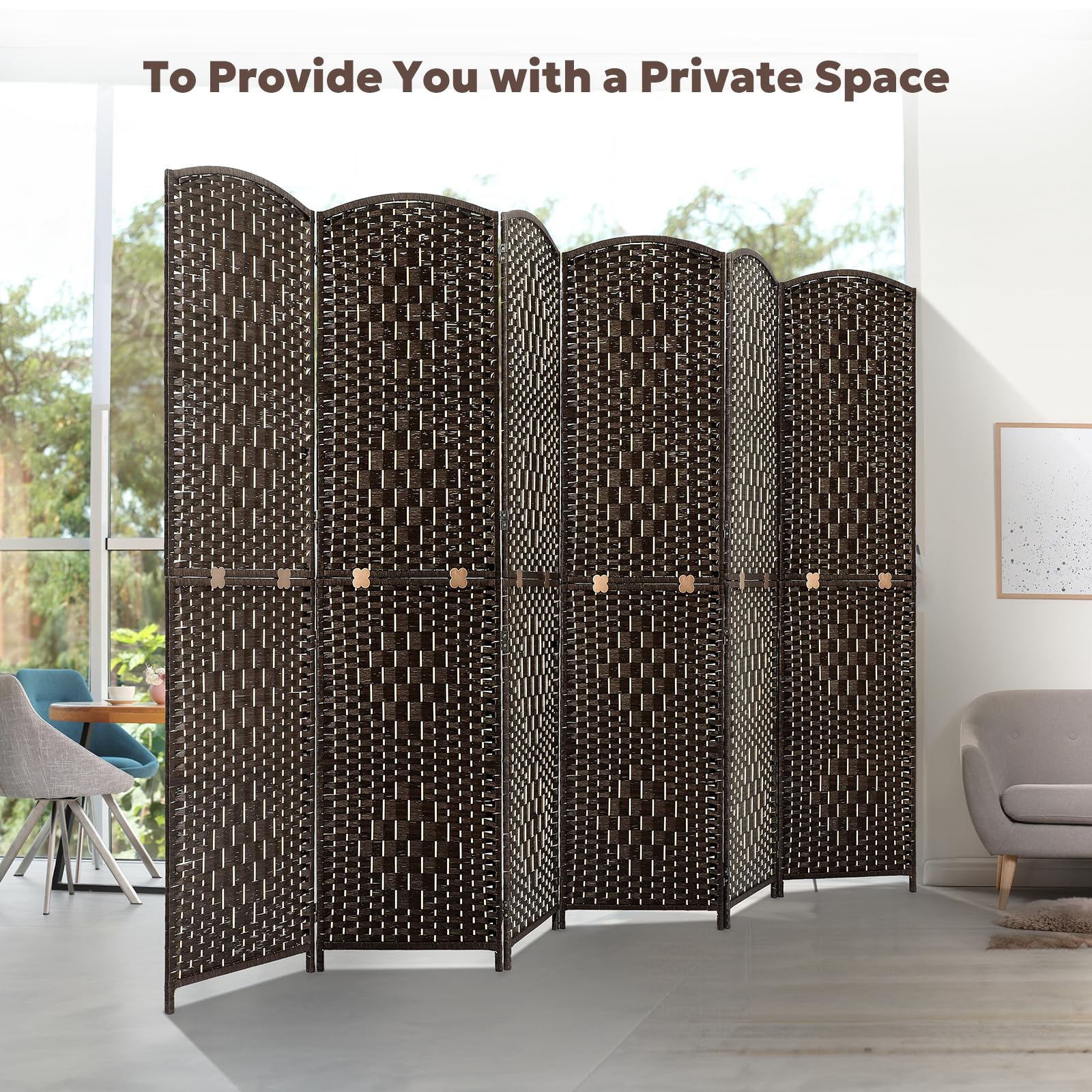 Foldable 6-panel espresso room divider made of eco-friendly bamboo and wood, shown collapsed and compact for easy storage with the text 'It's space-saving and flexible.'