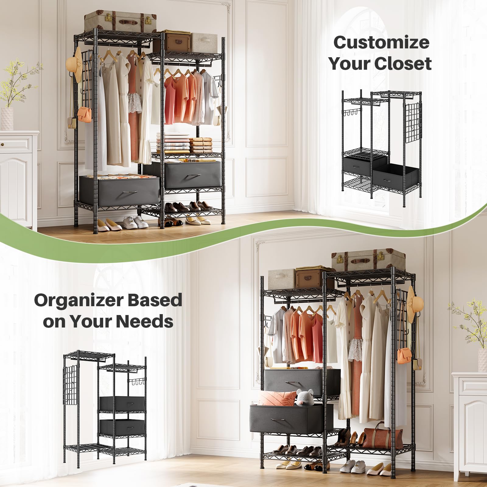 Customizable closet organizer with modular components, allowing flexible configurations to suit specific storage needs.