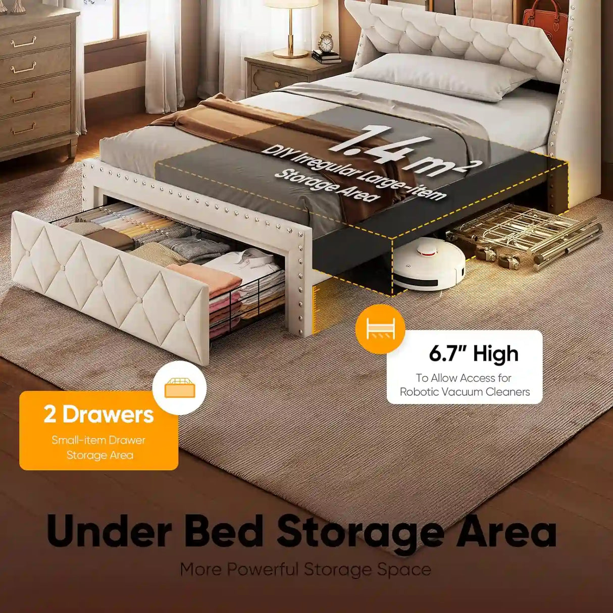 Metal Bed Frame with under-bed storage area
