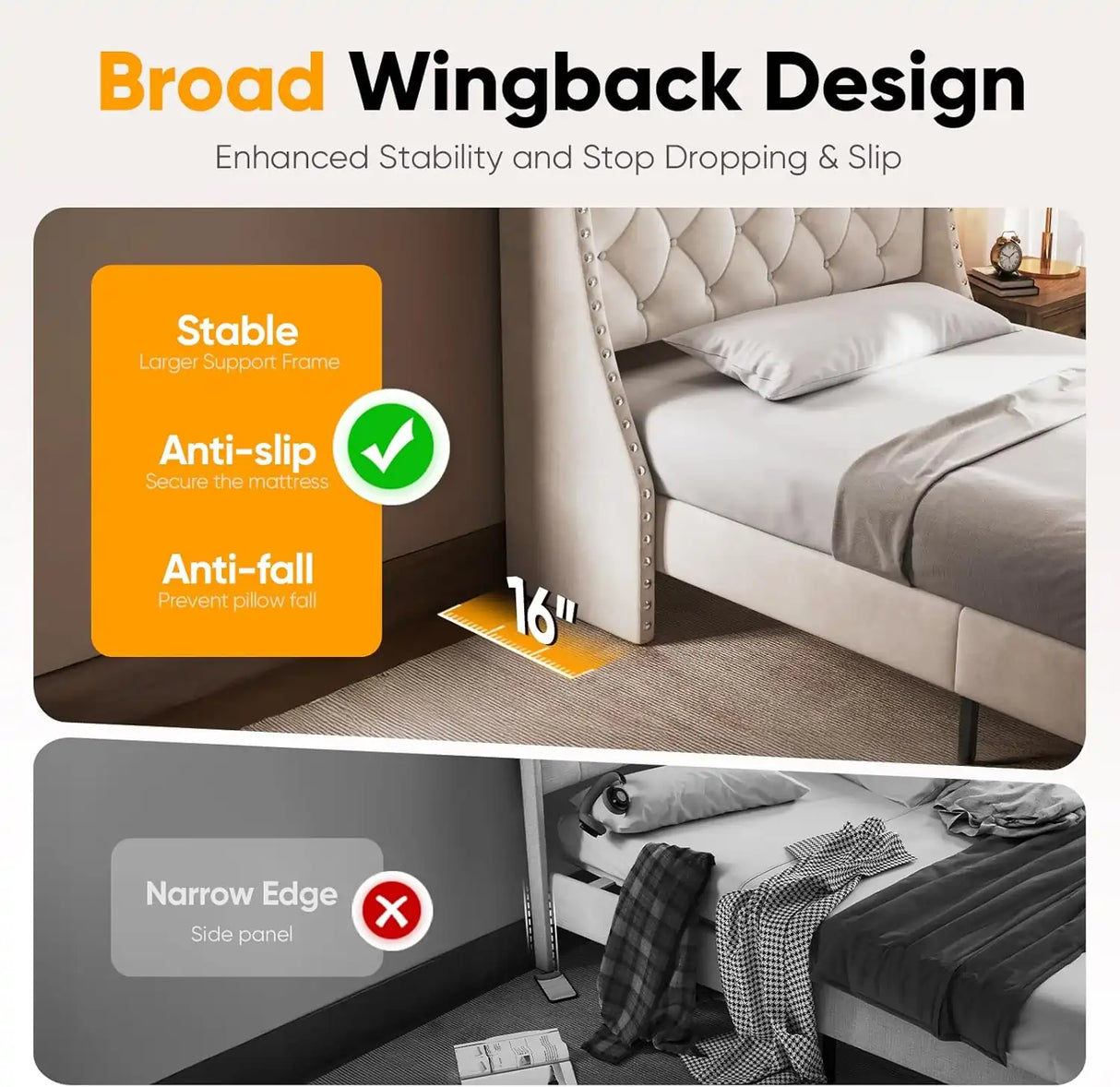 Broad wingback design featuring stability, anti-slip, and anti-fall features