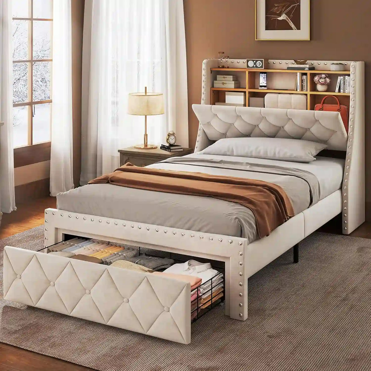 Full Size Beige Metal Bed Frame