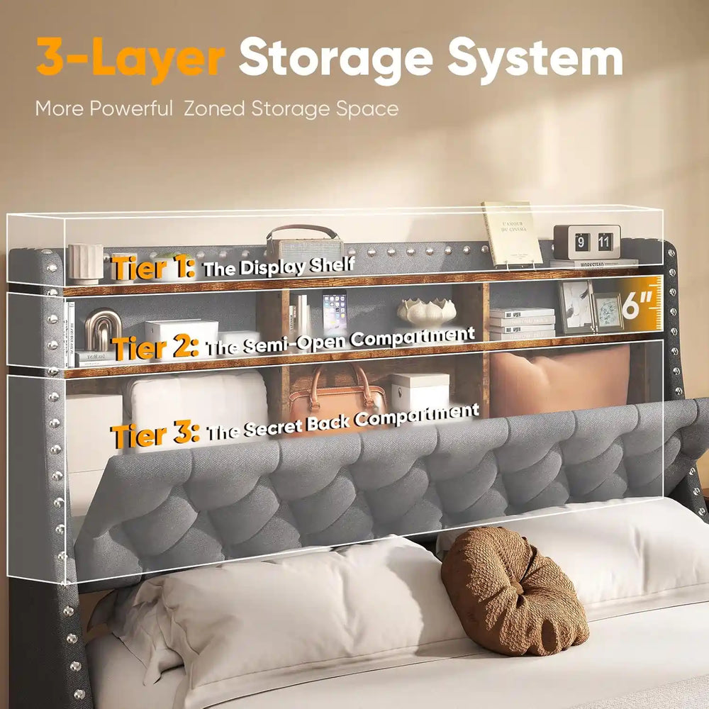 features 3 part storage shelves