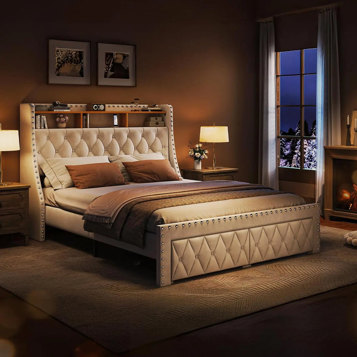 Tall Wingback Headboard Upholstered Velvet Modern Platform Bed