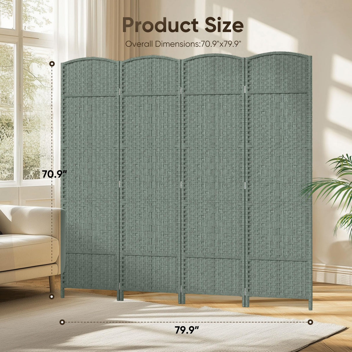 JOSTYLE 6ft Rattan Room Divider - Grey (4-Panel)