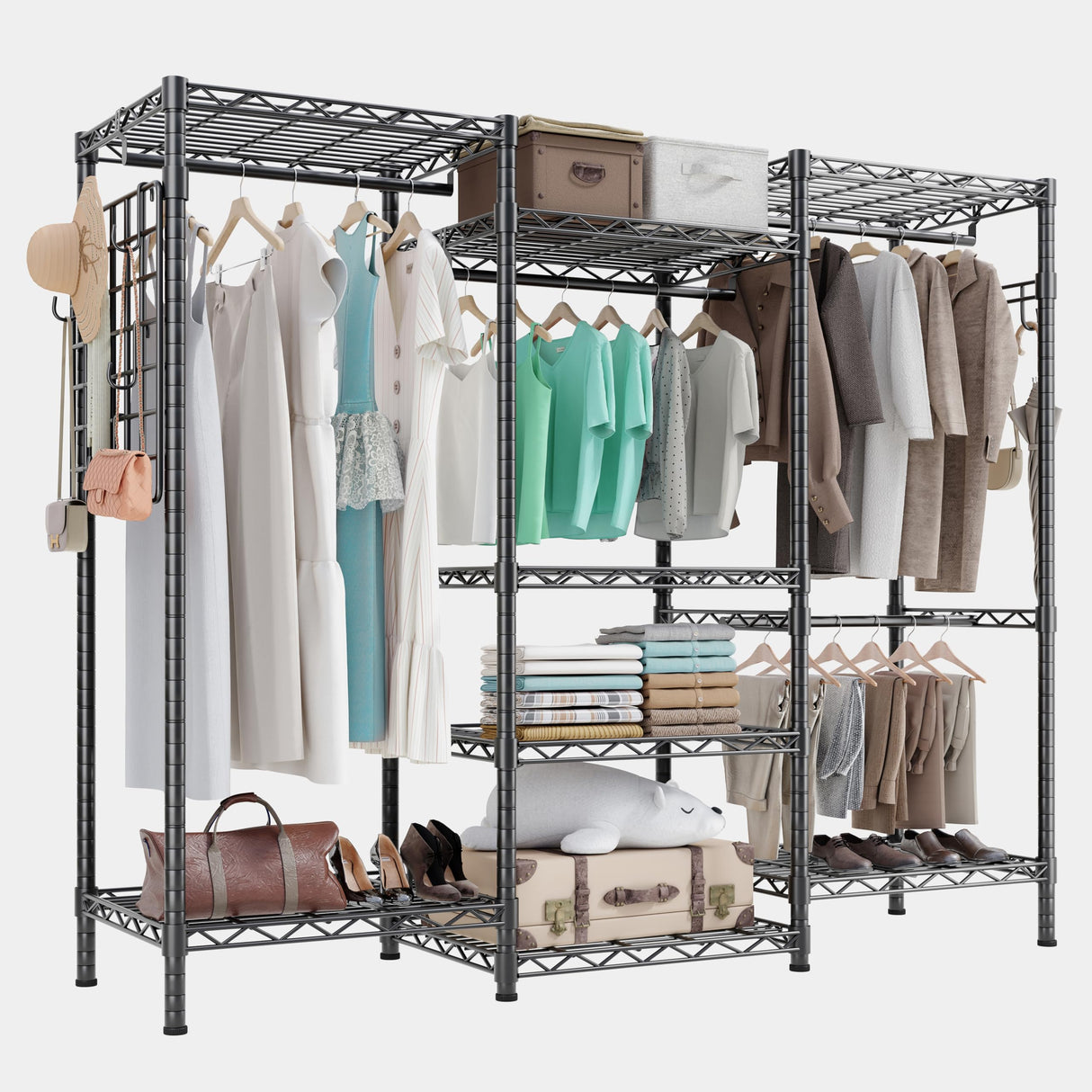 A spacious closet organizer with adjustable hanging rods, open shelves, and hooks for clothing, shoes, and accessories. Ideal for bedrooms, walk-in closets, and retail spaces.