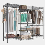 A spacious closet organizer with adjustable hanging rods, open shelves, and hooks for clothing, shoes, and accessories. Ideal for bedrooms, walk-in closets, and retail spaces.