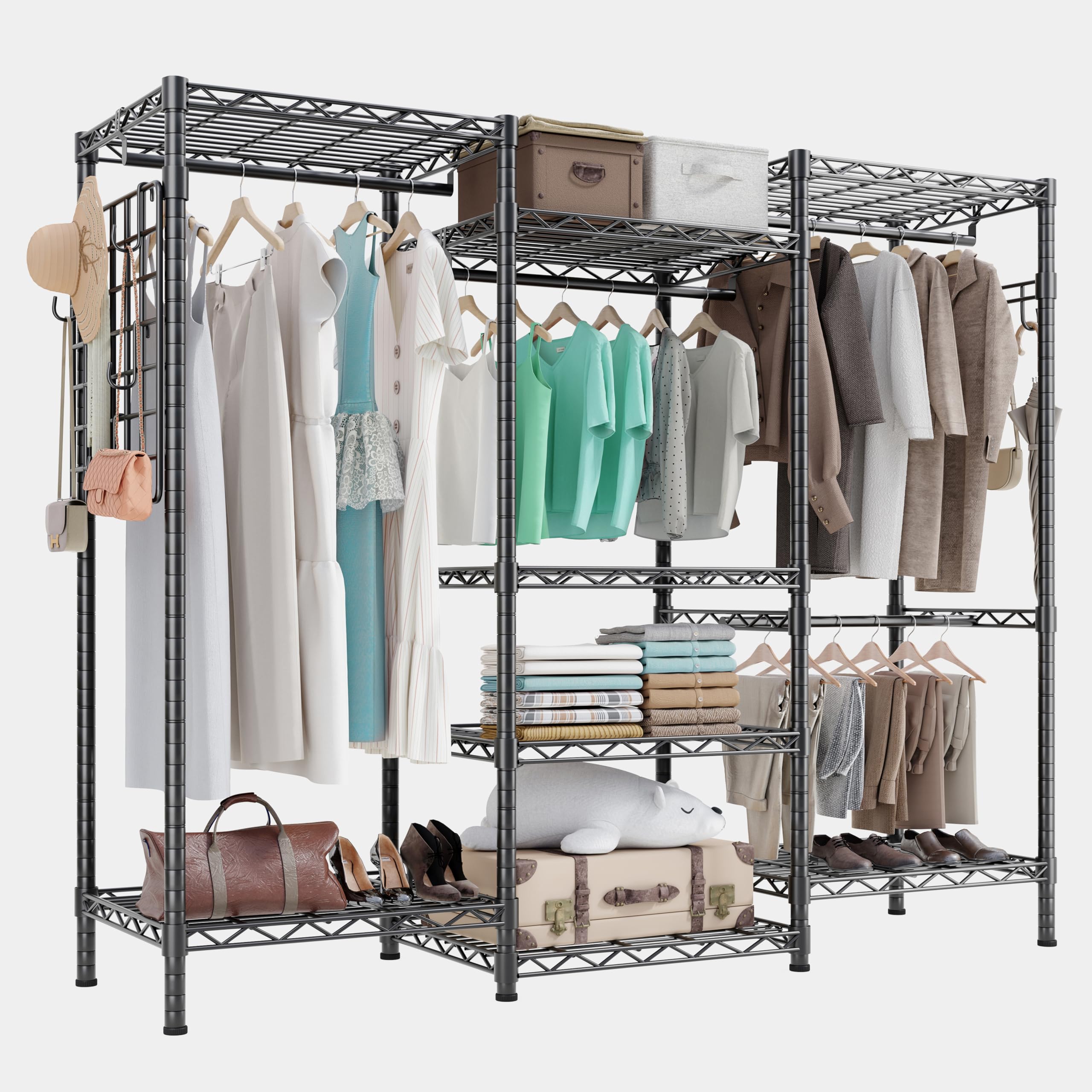 A spacious closet organizer with adjustable hanging rods, open shelves, and hooks for clothing, shoes, and accessories. Ideal for bedrooms, walk-in closets, and retail spaces.