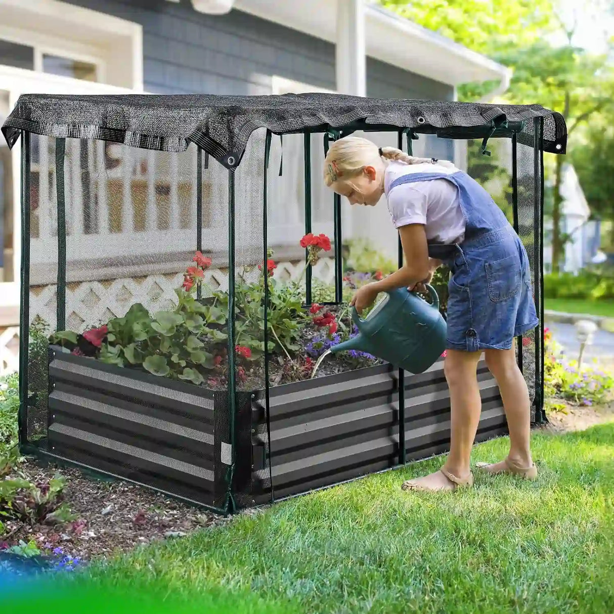 Quictent Galvanized Raised Garden Bed with net#size_6x3x1ft