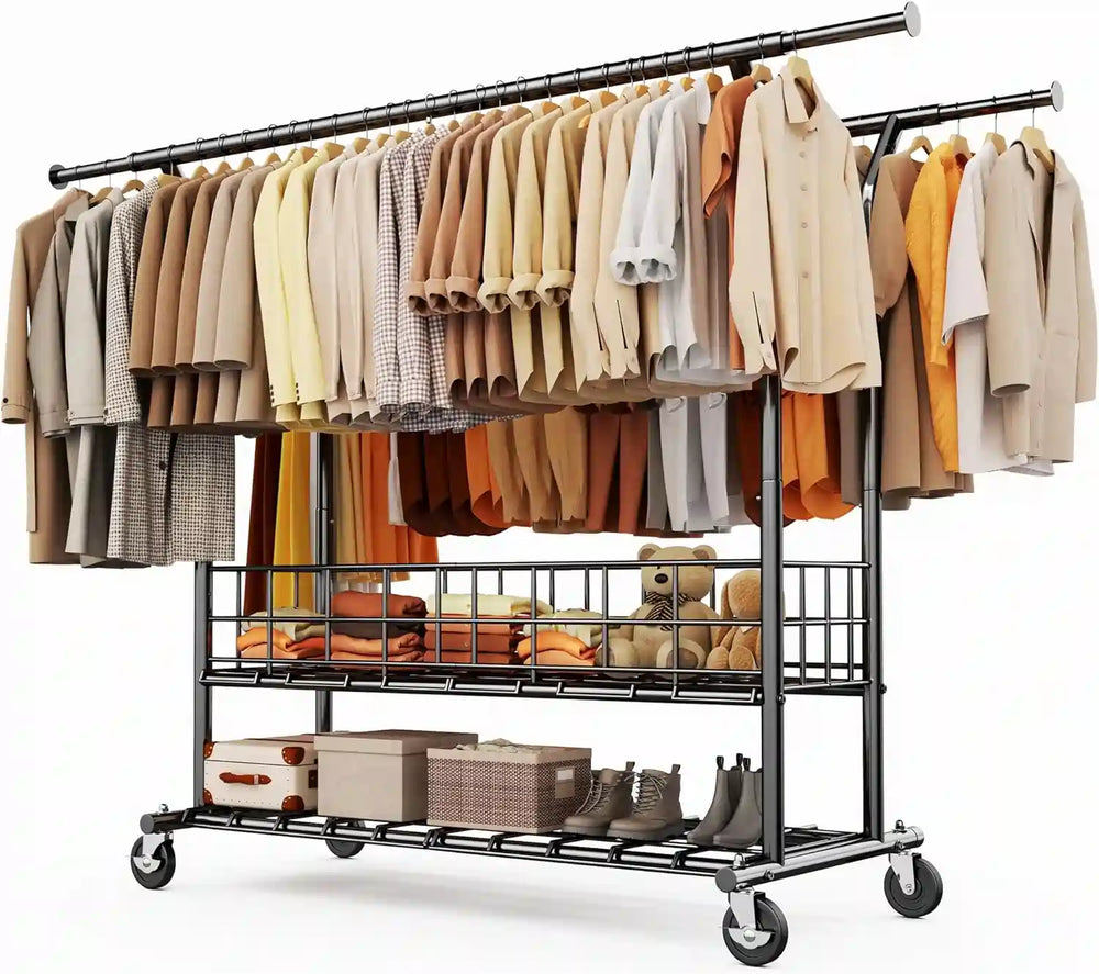 HOKEEPER Adjustable Rolling Garment Rack - Double Rod with Basket