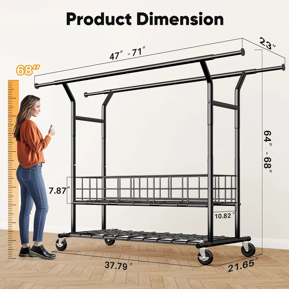HOKEEPER Adjustable Rolling Garment Rack - Double Rod with Basket