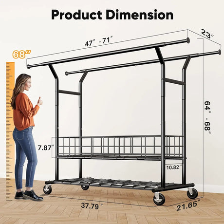 HOKEEPER Adjustable Rolling Garment Rack - Double Rod with Basket