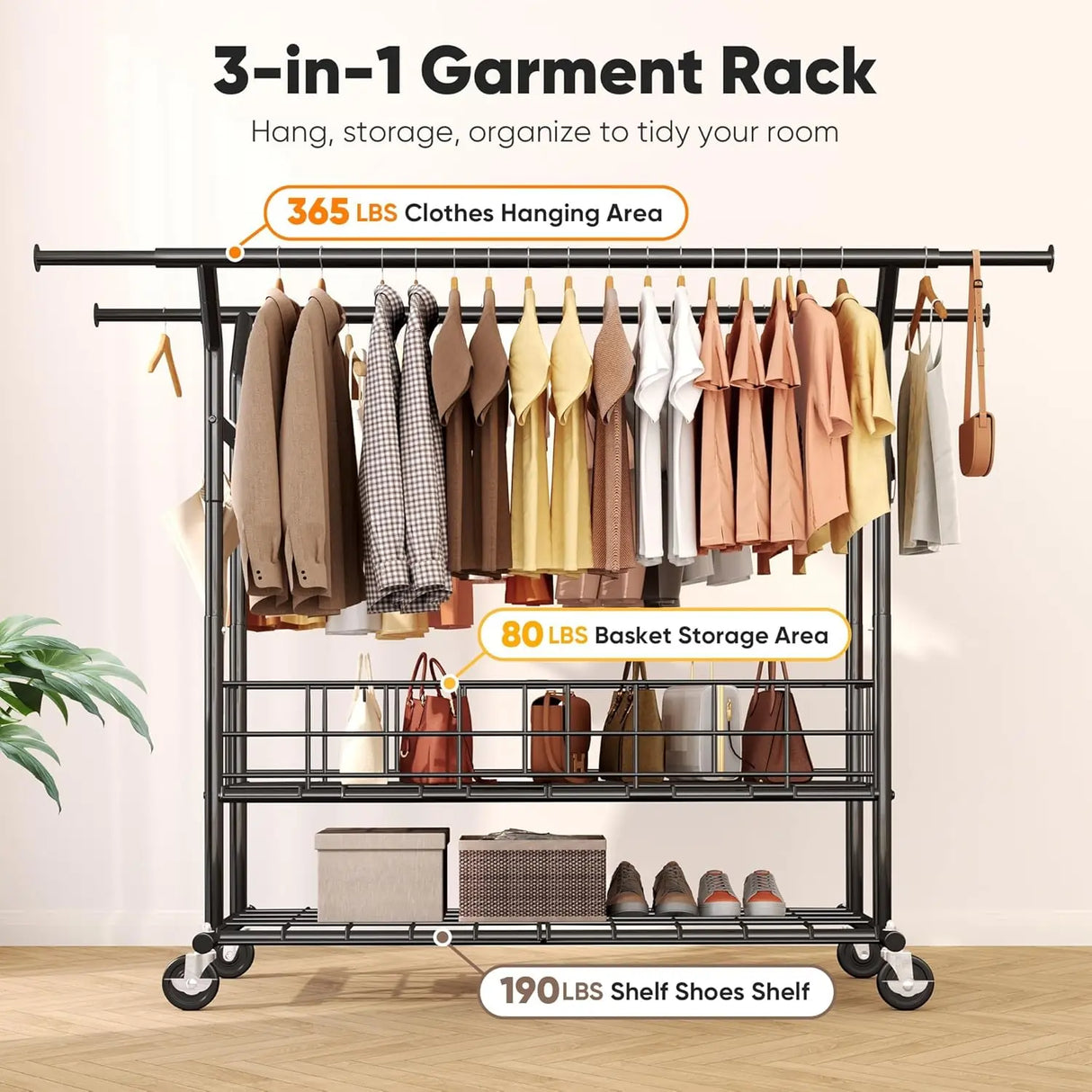 HOKEEPER Adjustable Rolling Garment Rack - Double Rod with Basket