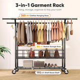 HOKEEPER Adjustable Rolling Garment Rack - Double Rod with Basket
