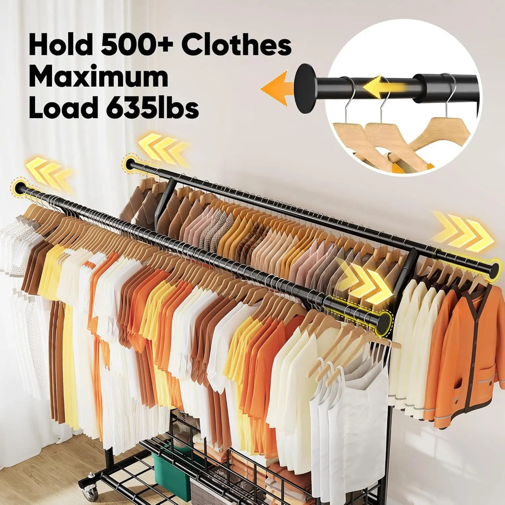 HOKEEPER Adjustable Rolling Garment Rack - Double Rod with Basket