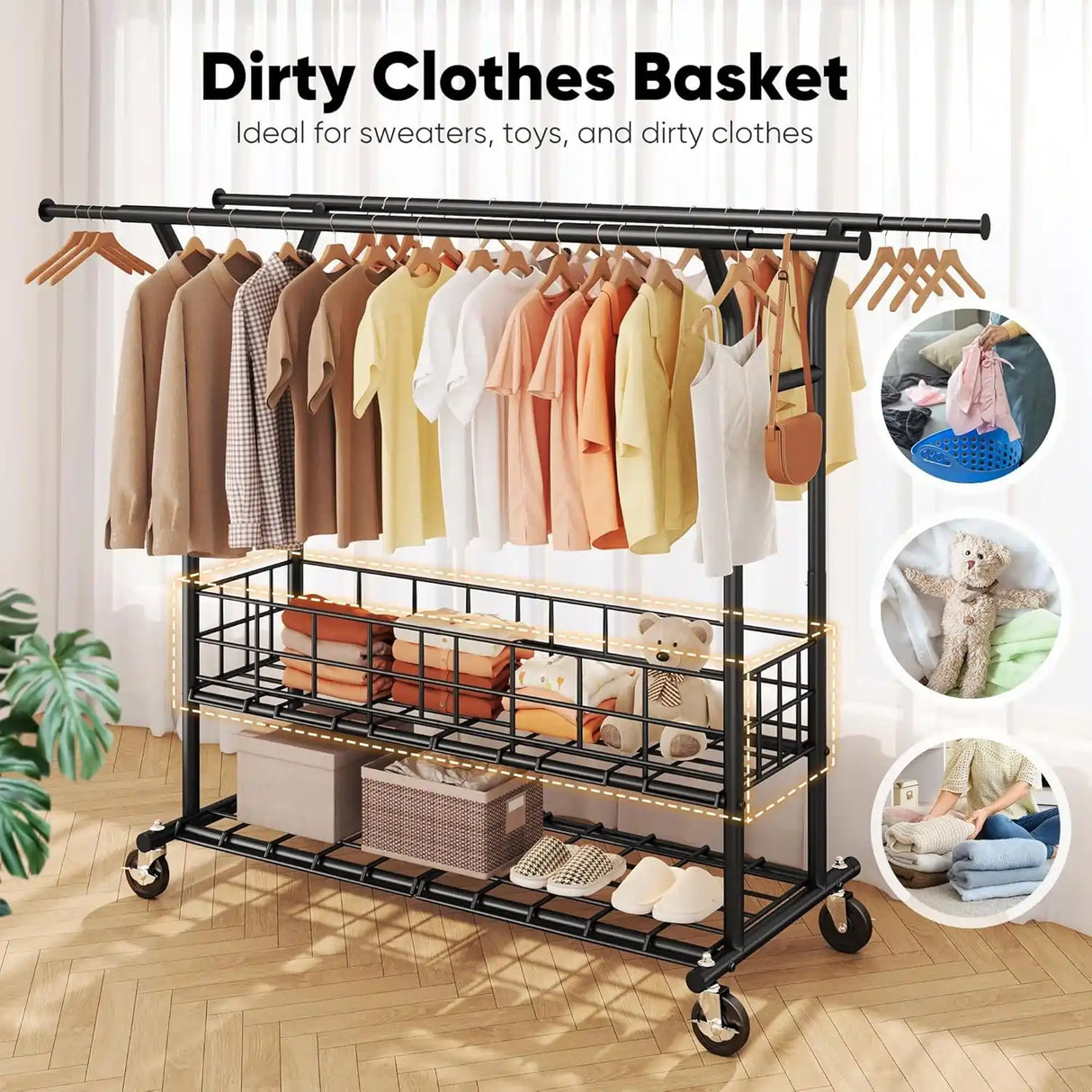 HOKEEPER Adjustable Rolling Garment Rack - Double Rod with Basket