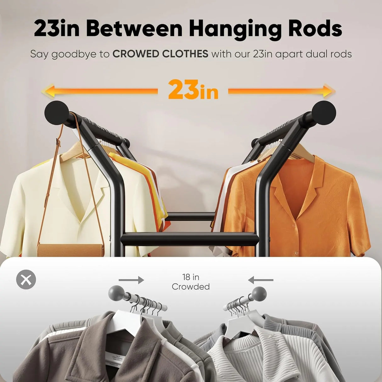 HOKEEPER Adjustable Rolling Garment Rack - Double Rod with Basket