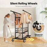 HOKEEPER Adjustable Rolling Garment Rack - Double Rod with Basket