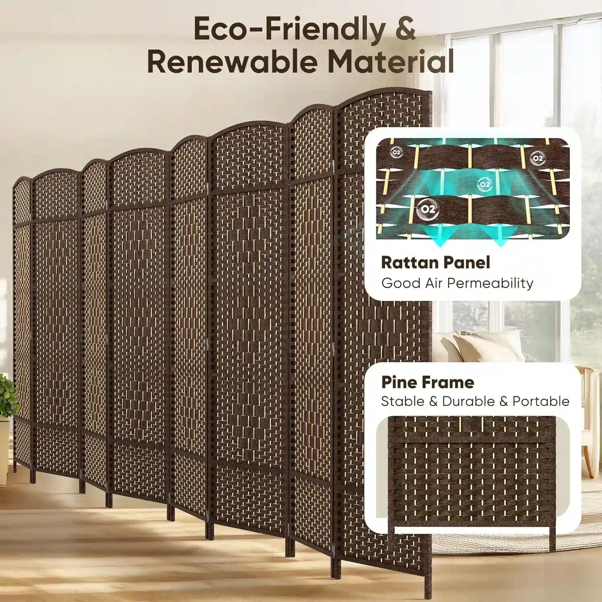 JOSTYLE 6FT Tall Extra Wide Double-Weave Privacy Screen（8 Panel ）