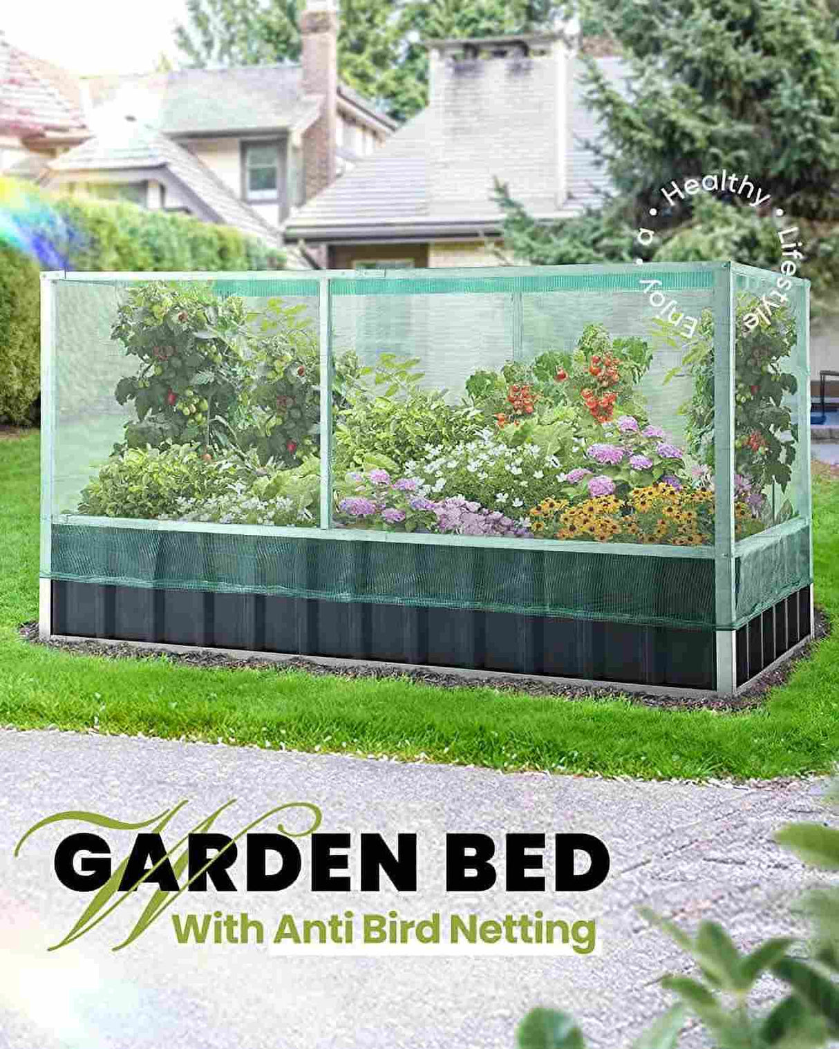 KING BIRD 68"x36"x35" Raised Garden Bed with Netting