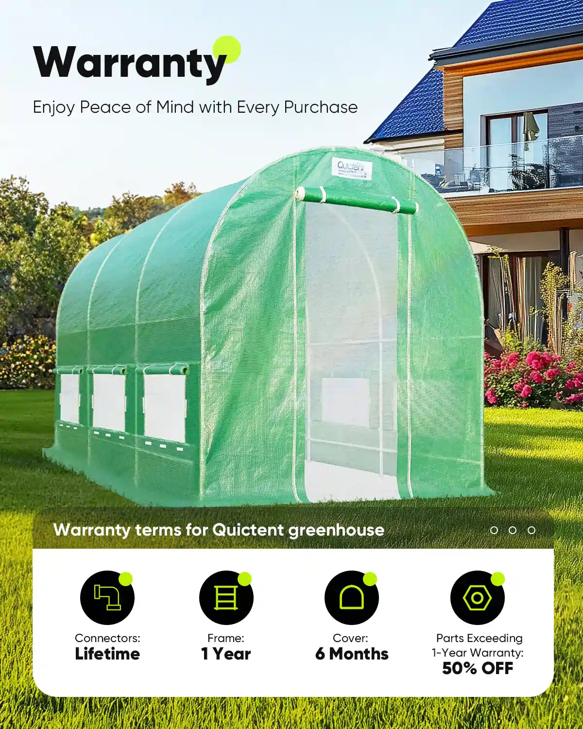 Warranty terms for Quictent greenhouse#color_green (with 2 doors)