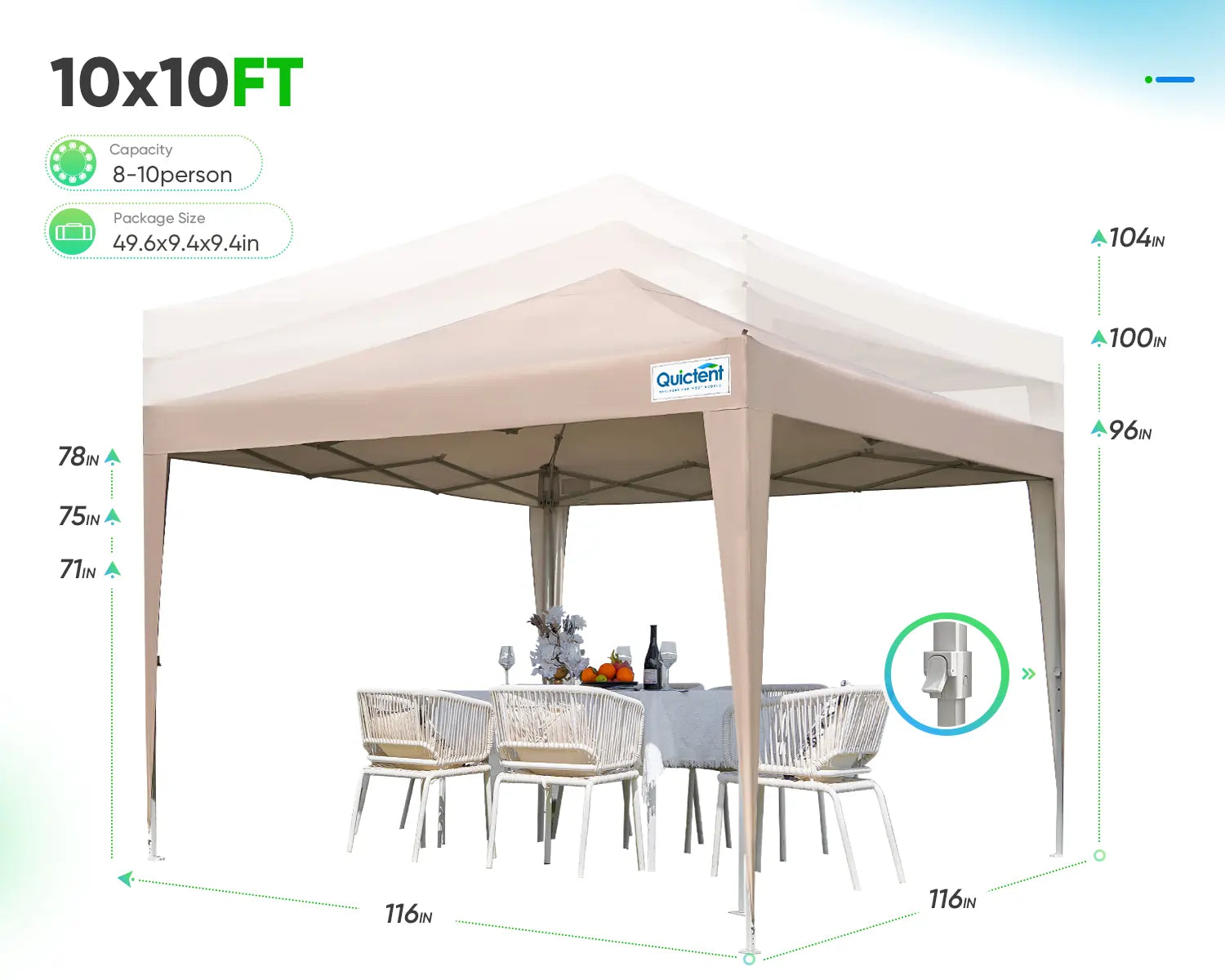 10' x 10' Pop Up Canopy with Sides 3 built-in height options#color_beige (Upgraded)