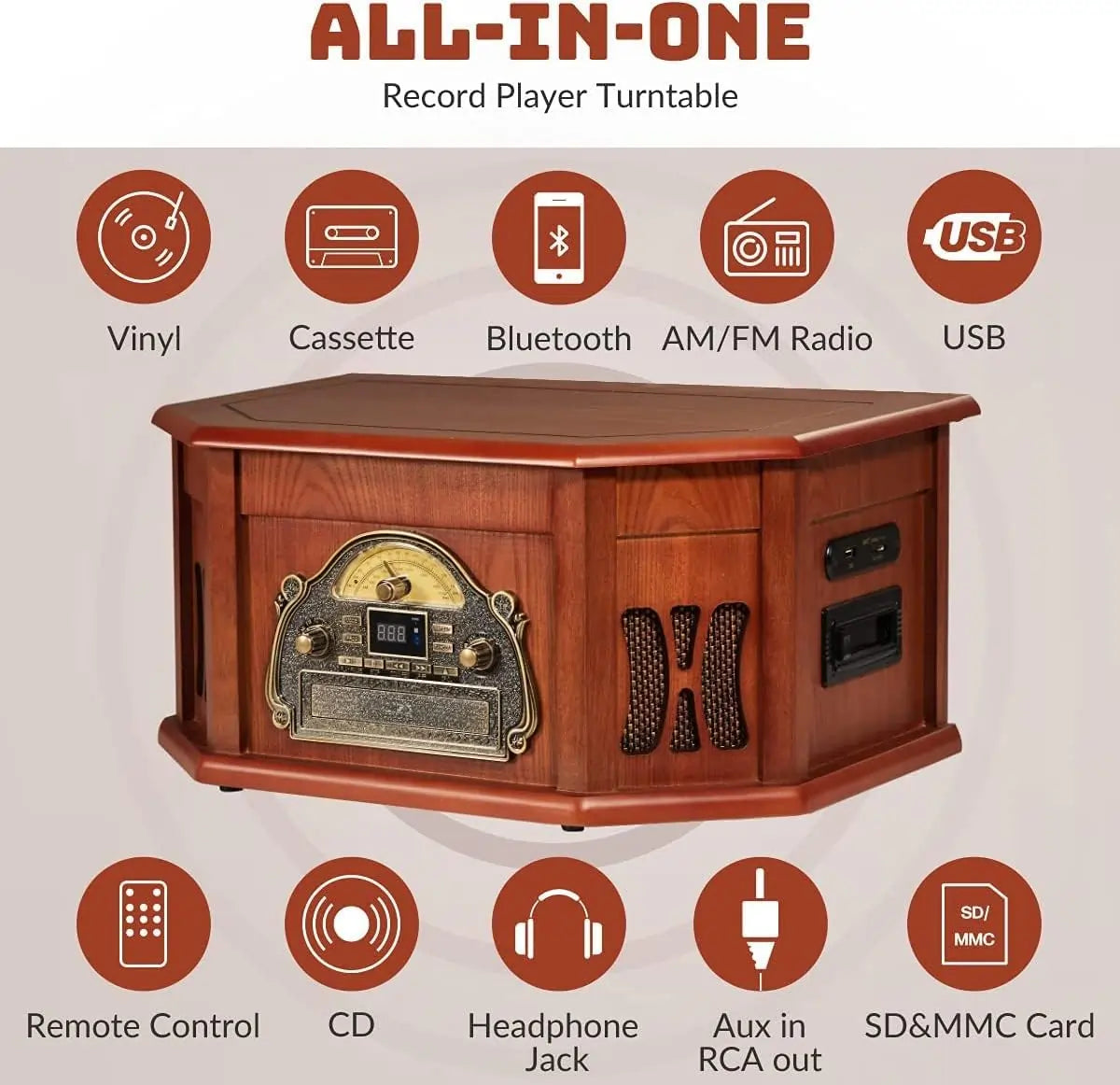 ORCC 10-in-1 Bluetooth Nostalgic Turntable Record Player-Mahogany