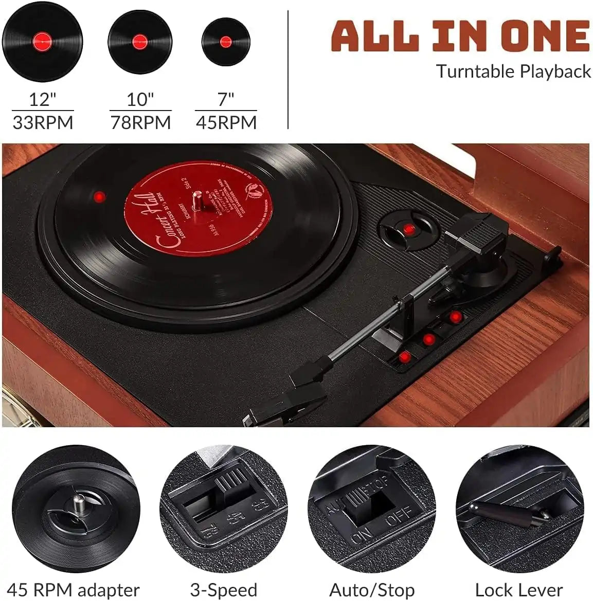 ORCC 10-in-1 Bluetooth Nostalgic Turntable Record Player-Mahogany