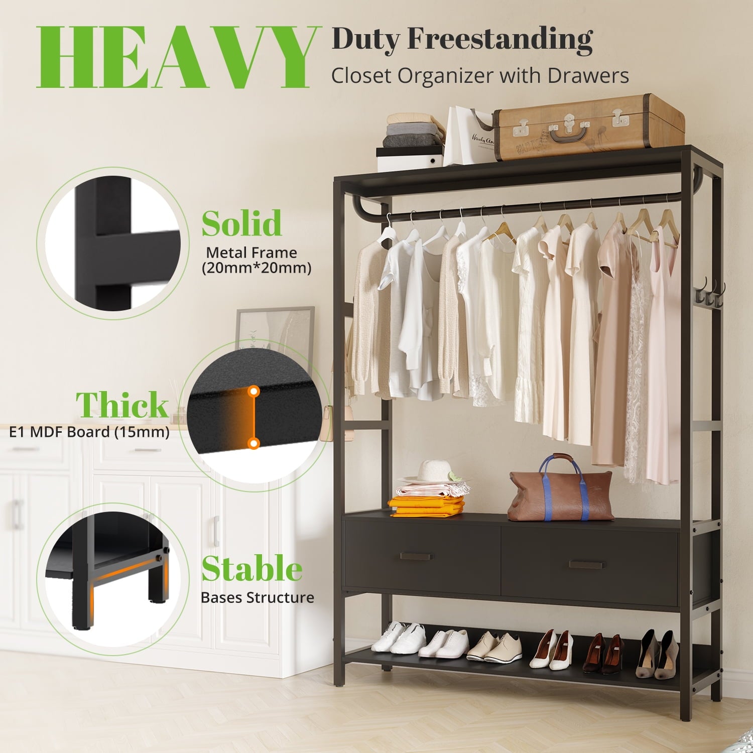 HOKEEPER Closet Organizer with Drawers & Hooks - Black
