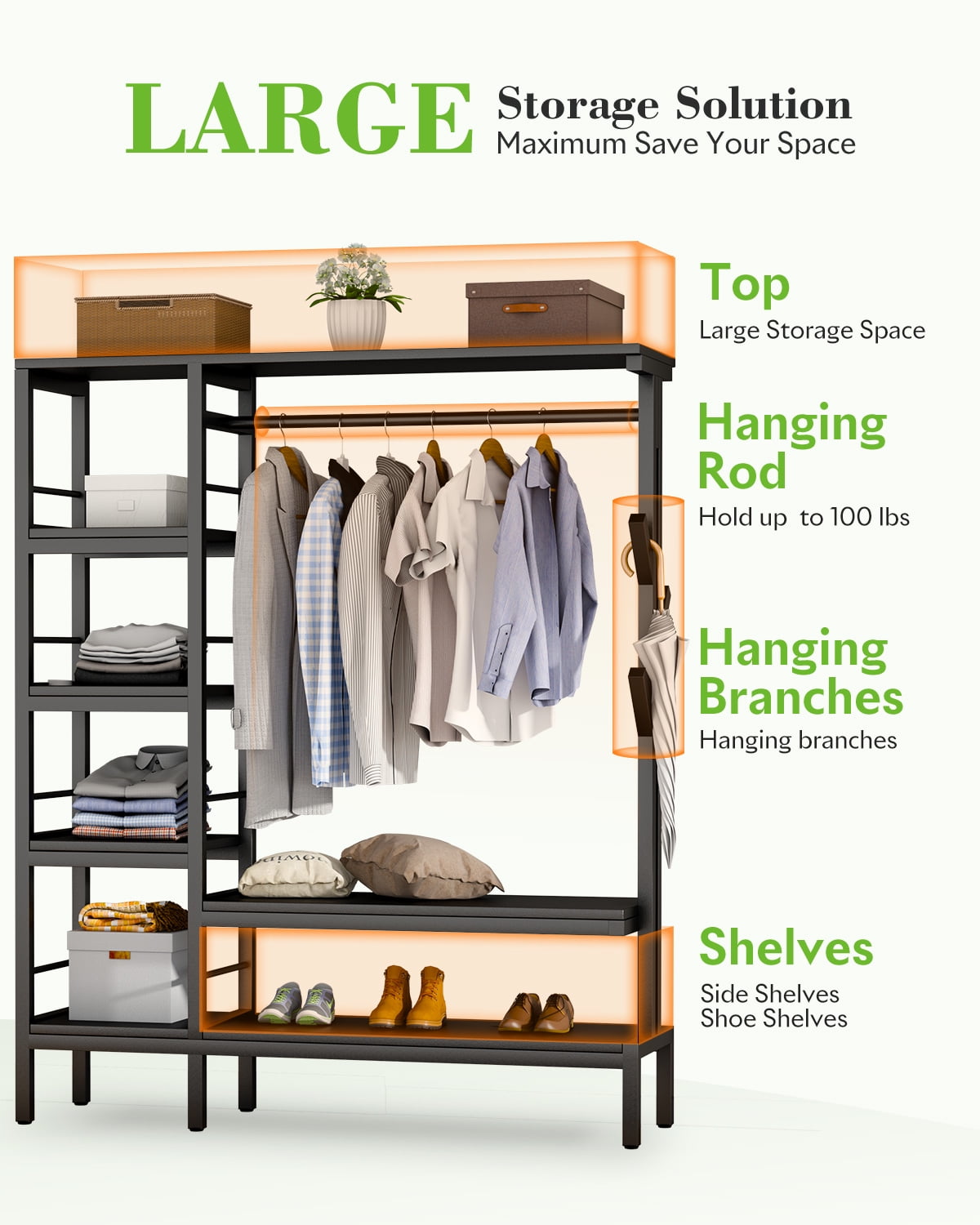 HOKEEPER 650LBS Closet Organizer with Coat Rack