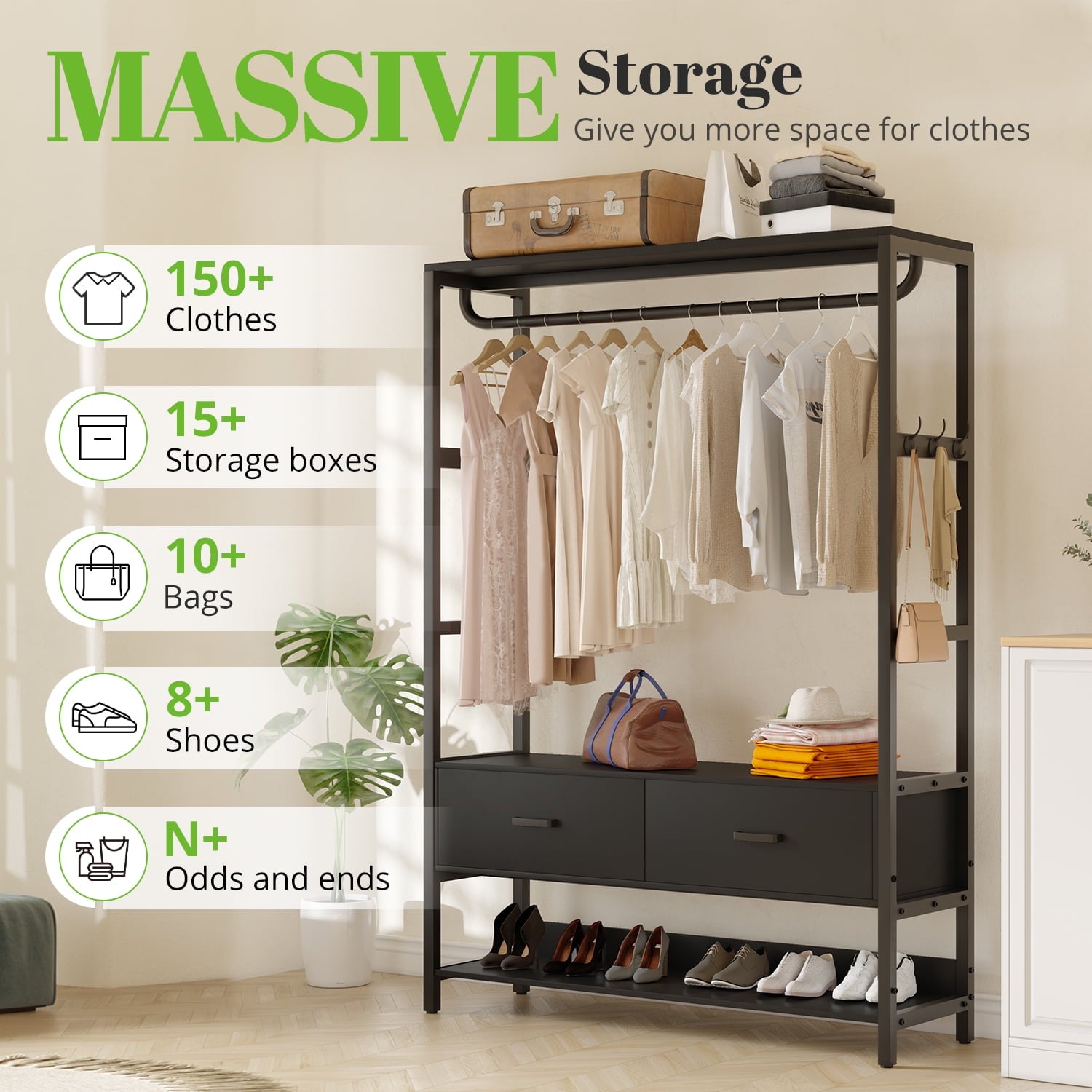 HOKEEPER Closet Organizer with Drawers & Hooks - Black
