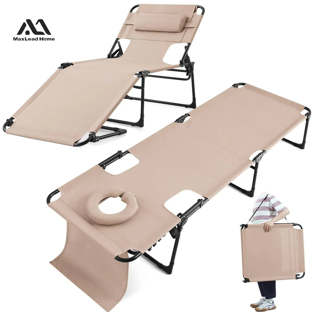 MAXLEAD HOME 5-Position Beach Chaise with Face Cradle (350LBS)